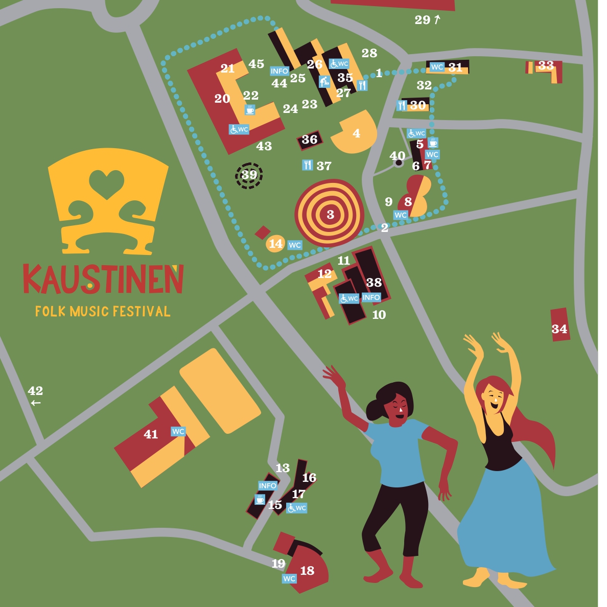 Festivaalialueen kartta. Keltainen talla logo vasemmassa yläkulmassa ja kolmella iloisesti tanssivaa hahmoa oikealla alhaalla.